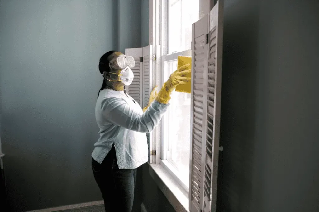A female is cleaning the window inside,
Shows Factors Affecting Cleaning Frequency
