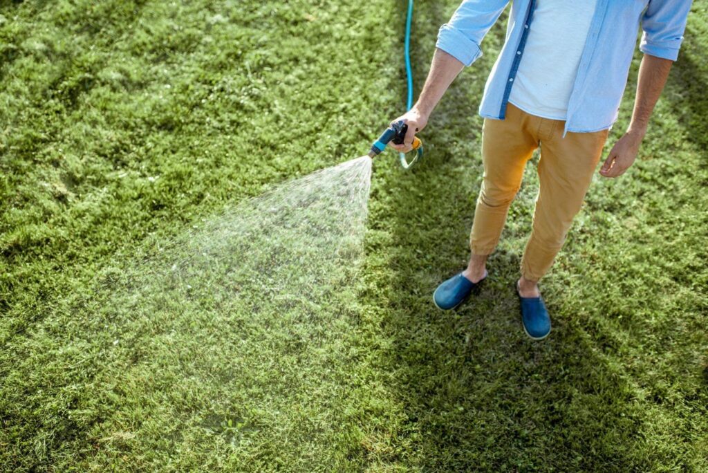 Man watering green lawn How Does Hamilton’s Climate And Soil Impact Your Lawn