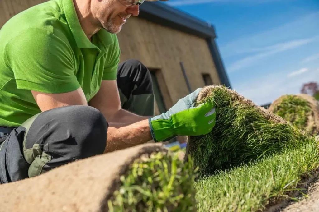 Landscaper Laying Grass on Lawn - Maintaining a Beautiful Lawn in Mississauga