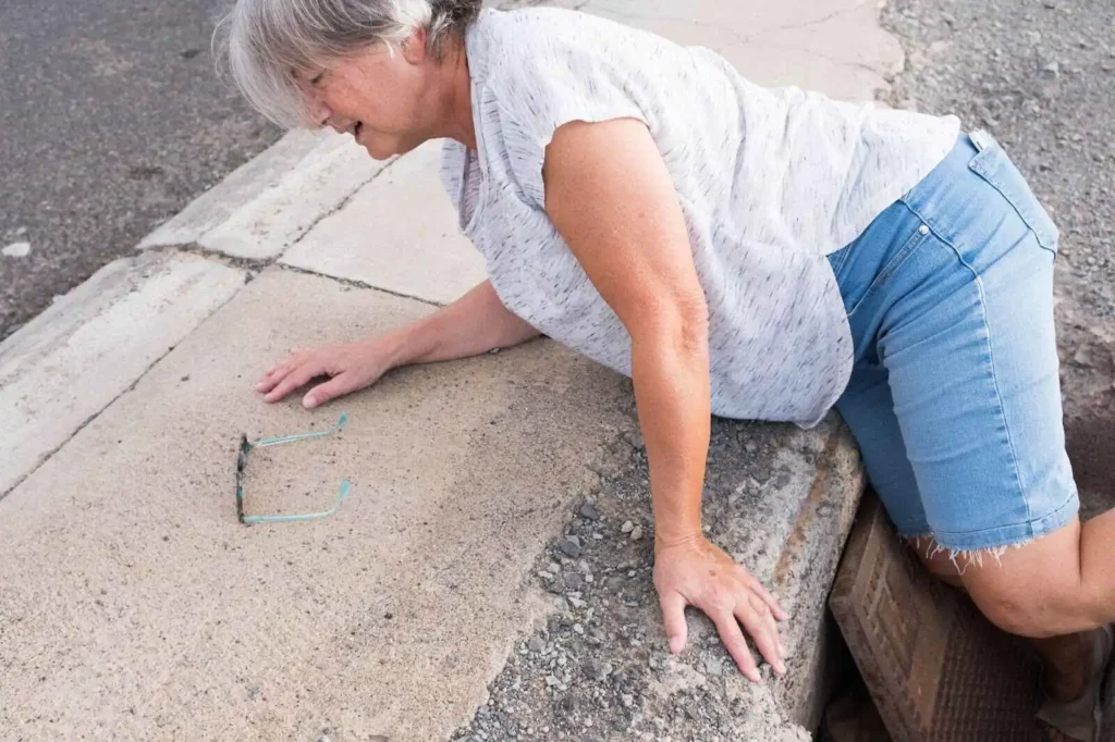 A senior woman stepping into a street hole