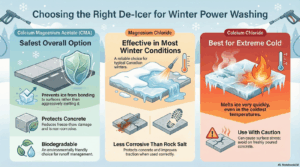 What De-Icing Agents Are Safest for Concrete and Asphalt During Winter Power Washing